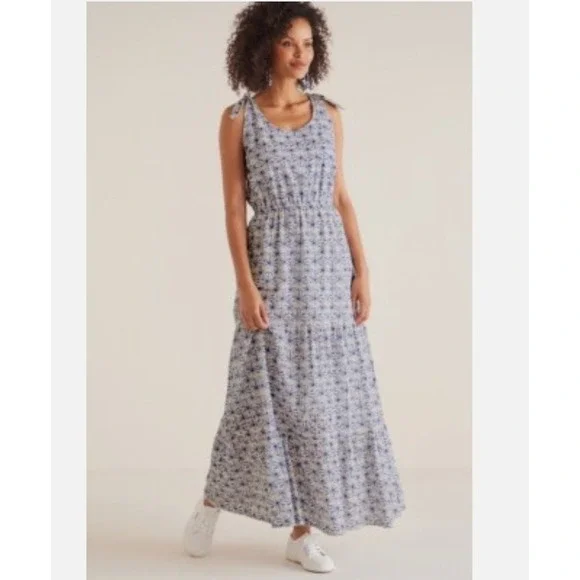 Soft Surroundings Kyoto Embroidered White Blue Eyelet Tiered Maxi Dress Sz PXL - Picture 1 of 12